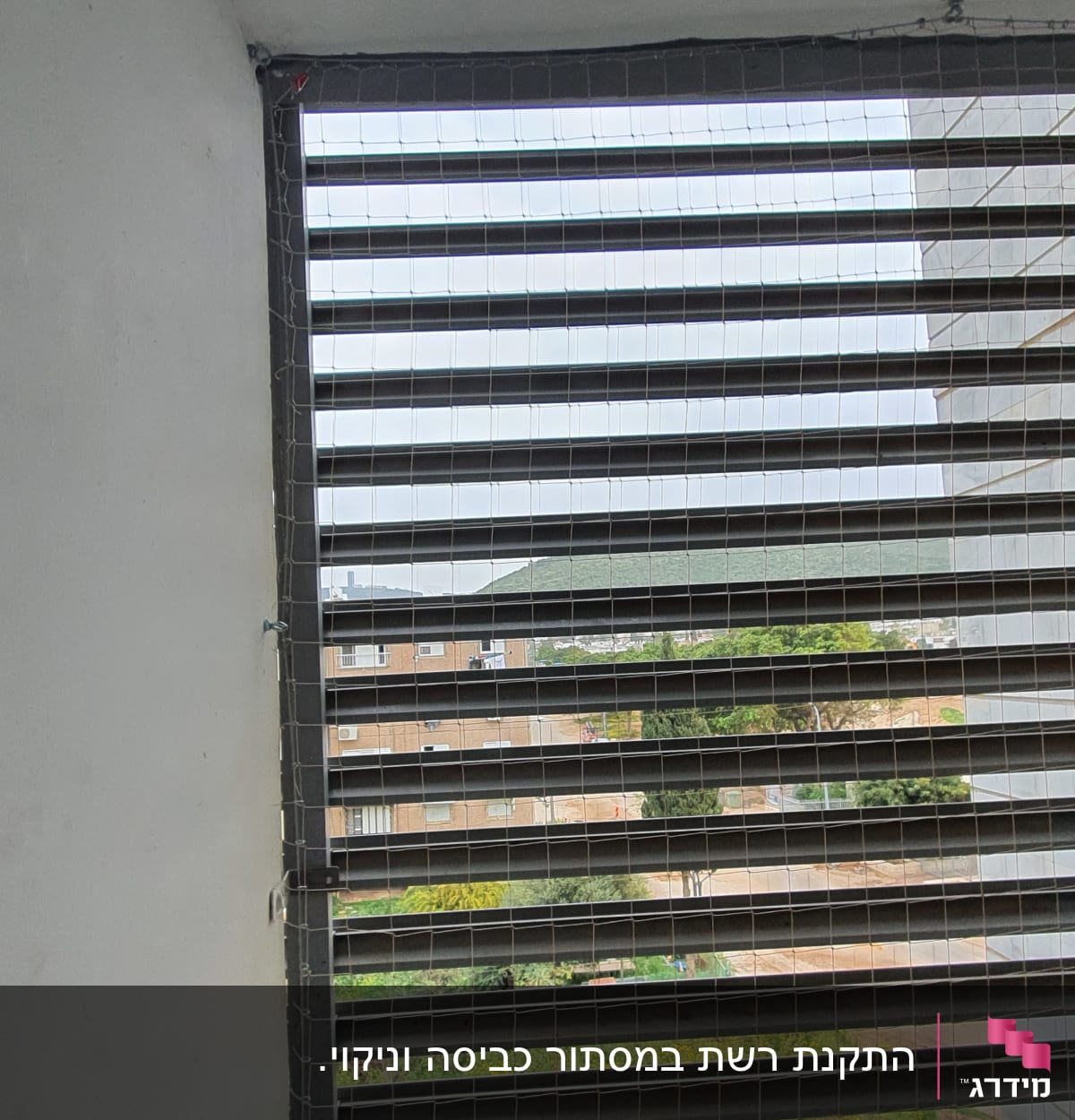 רשת מתכת מותקנת על חלון למניעת כניסת יונים